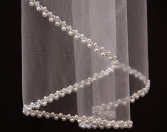 OZ11/Pearl Edge Bridal Veil – Classic Tulle Wedding Veil with Handmade Pearl Trim – Elegant Sheer Veil for Bride