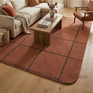 Hand Tufted Wool Rug – Terracotta Grid, Mid Century Modern Carpet
