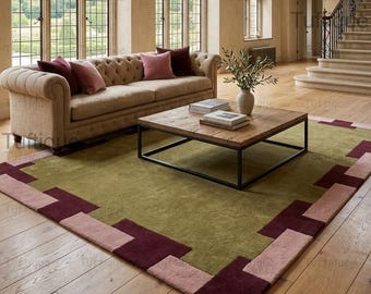 Hand Tufted Wool Rug, Modern Geometric Border Area Carpet, Green Burgundy Living Room