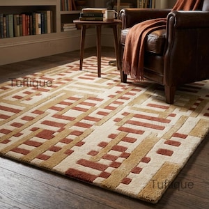 Tappeto in lana trapuntato a mano: motivo a mattoni color ruggine beige, decorazione geometrica moderna