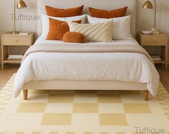 Handgetuft wollen geruit vloerkleed – beige crème, modern dambord