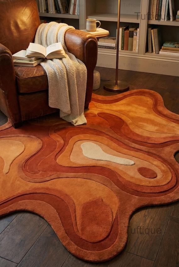 Hand Tufted Orange Irregular Shape Rug For Living Room Modern Abstract High And Low Pile 8x10 Rug For Bedroom Large Wool Area Rug For Dining