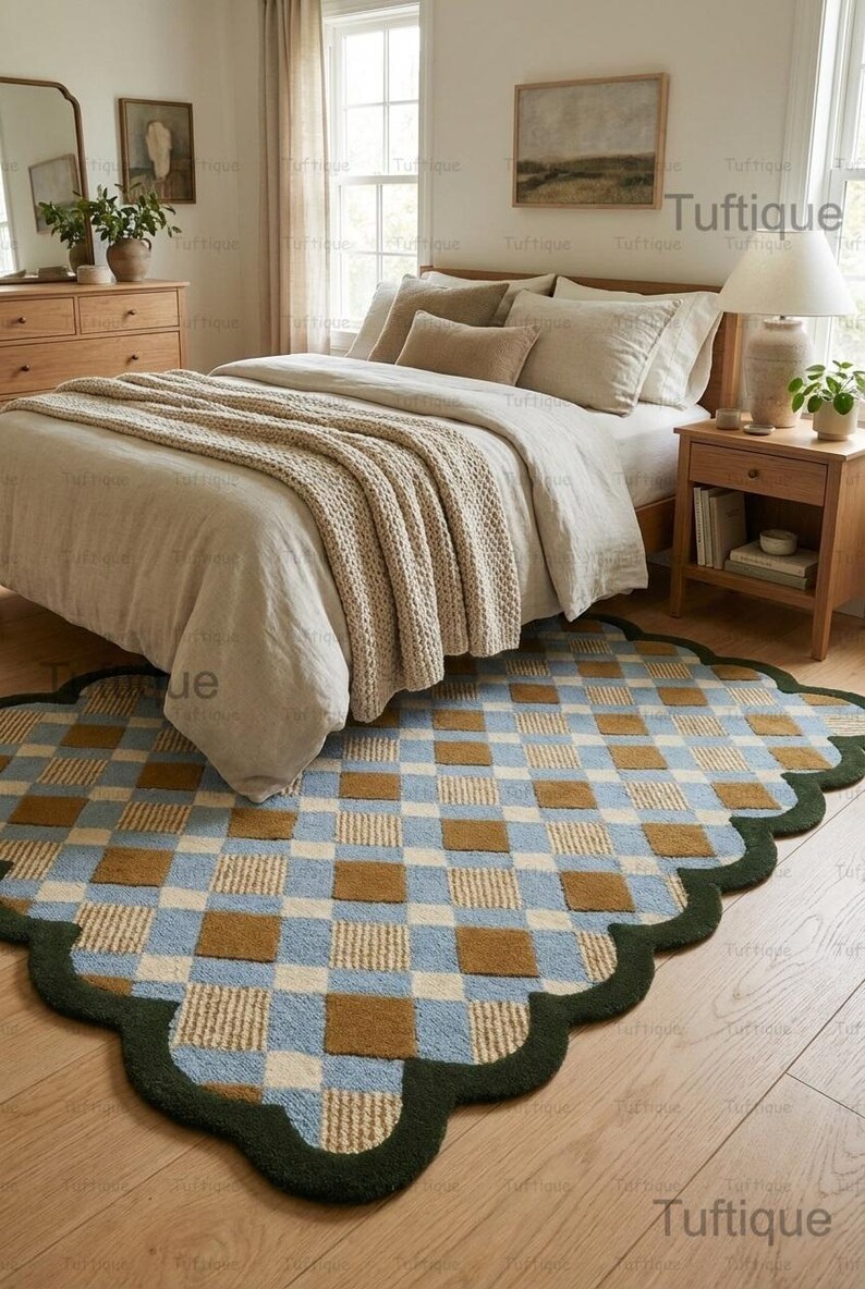 Matilda Goad Rug Scallop Blue & Green Tufted Rug, Matilda Goad Plaid Gold With Light Sky ...
