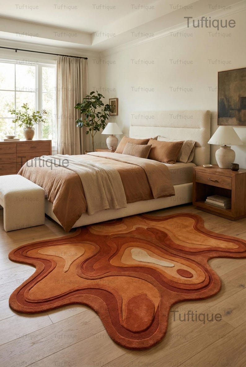 Hand-Tufted Wool Area Rug: Orange Abstract, Irregular Shape, 8x10 image 7