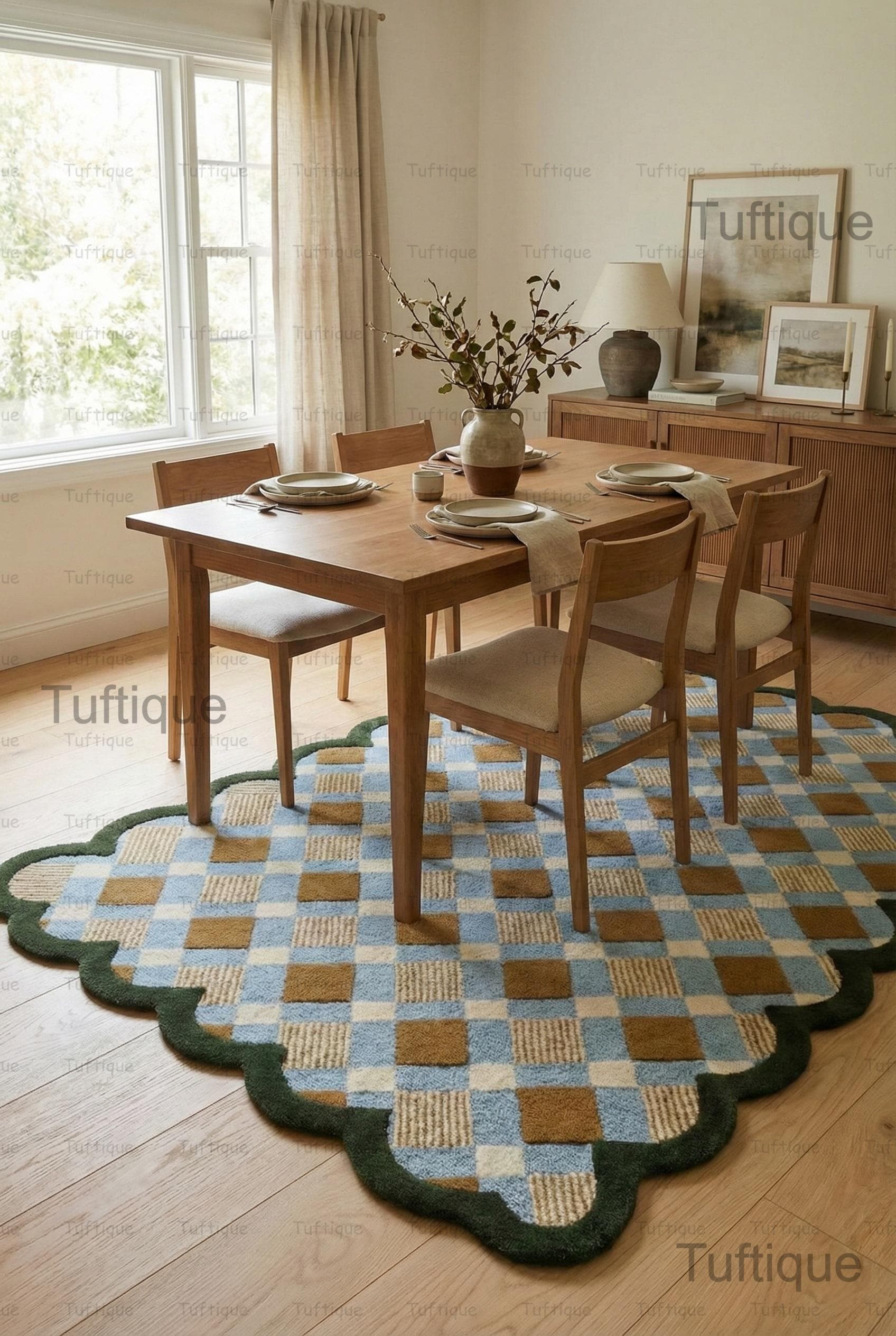 Matilda Goad Rug Scallop Blue & Green Tufted Rug, Matilda Goad Plaid Gold With Light Sky ...