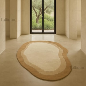 Minimalist Beige Modern Abstract Irregular Shape Woolen Hand Tufted Designer Area Rug for Living Room Bedroom Office 5x8 6x9 8x10 9x12 10x14