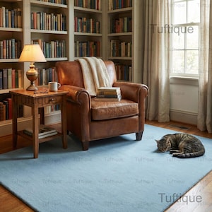 Handgetuft hemelsblauw wollen vloerkleed, modern pluche vloerkleed