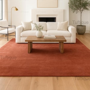 Hand Tufted Rug Solid Burnt Red Wool Area Rugs For Livingroom Bedroom Kitchen Nursery Entryway Office 5X8 6X9 8X10 9X12 10X14 Custom Rug