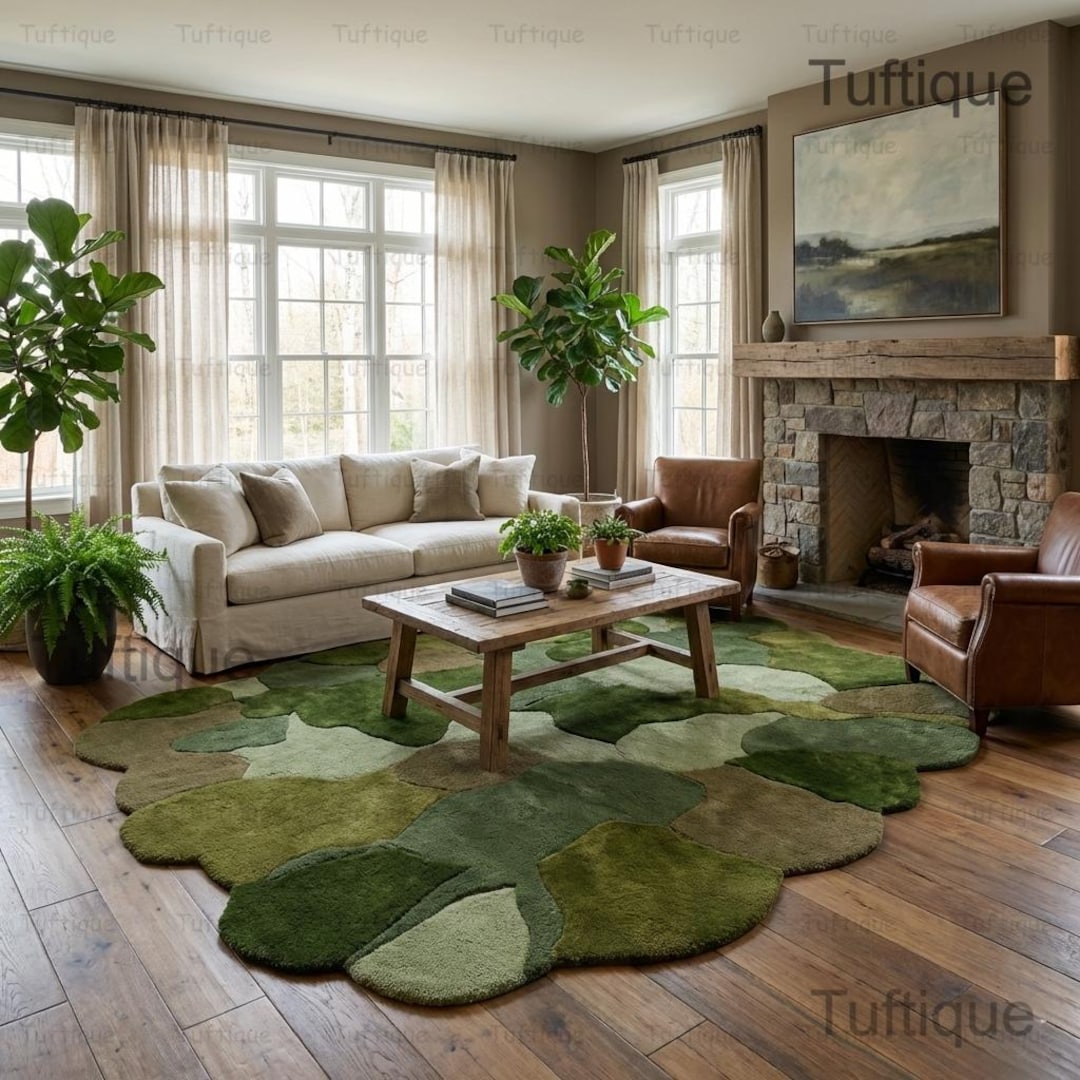 3D Moss Pebble Hand Tufted Rug: Handmade Green Cottagecore Floor