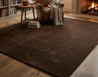 Tappeto in lana marrone scuro annodato a mano: tappeto moderno in tinta unita