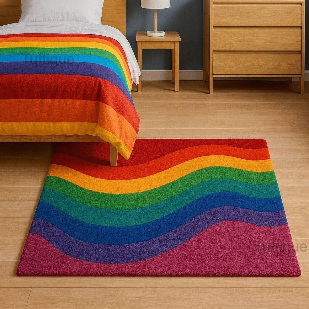 Hand Tufted Rainbow Wave Rug – Colorful Modern Area Carpet – Bright ...