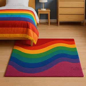 Hand Tufted Rainbow Wave Rug – Colorful Modern Area Carpet – Bright Pride Room Decor – Bold Wavy Stripe Wool Rug – Funky Home Accent