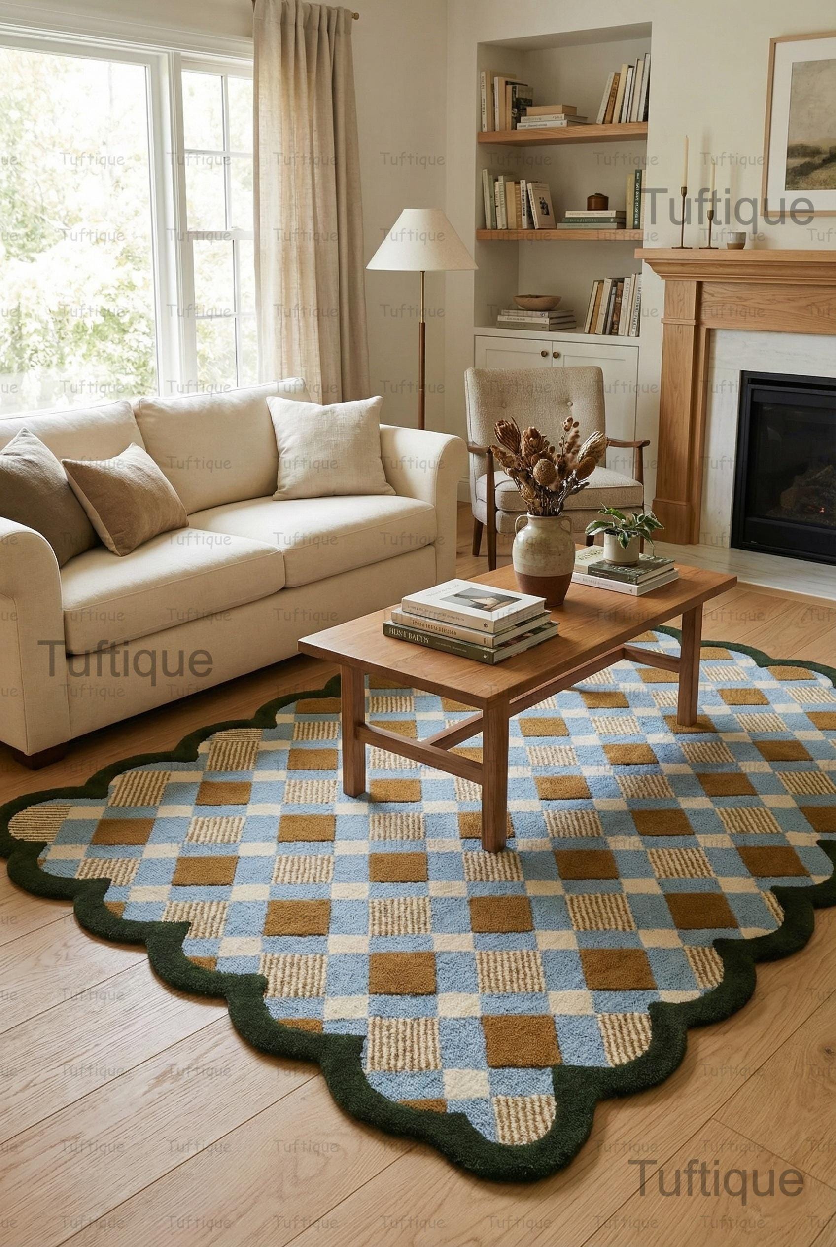 Matilda Goad Rug Scallop Blue & Green Tufted Rug, Matilda Goad Plaid Gold With Light Sky ...