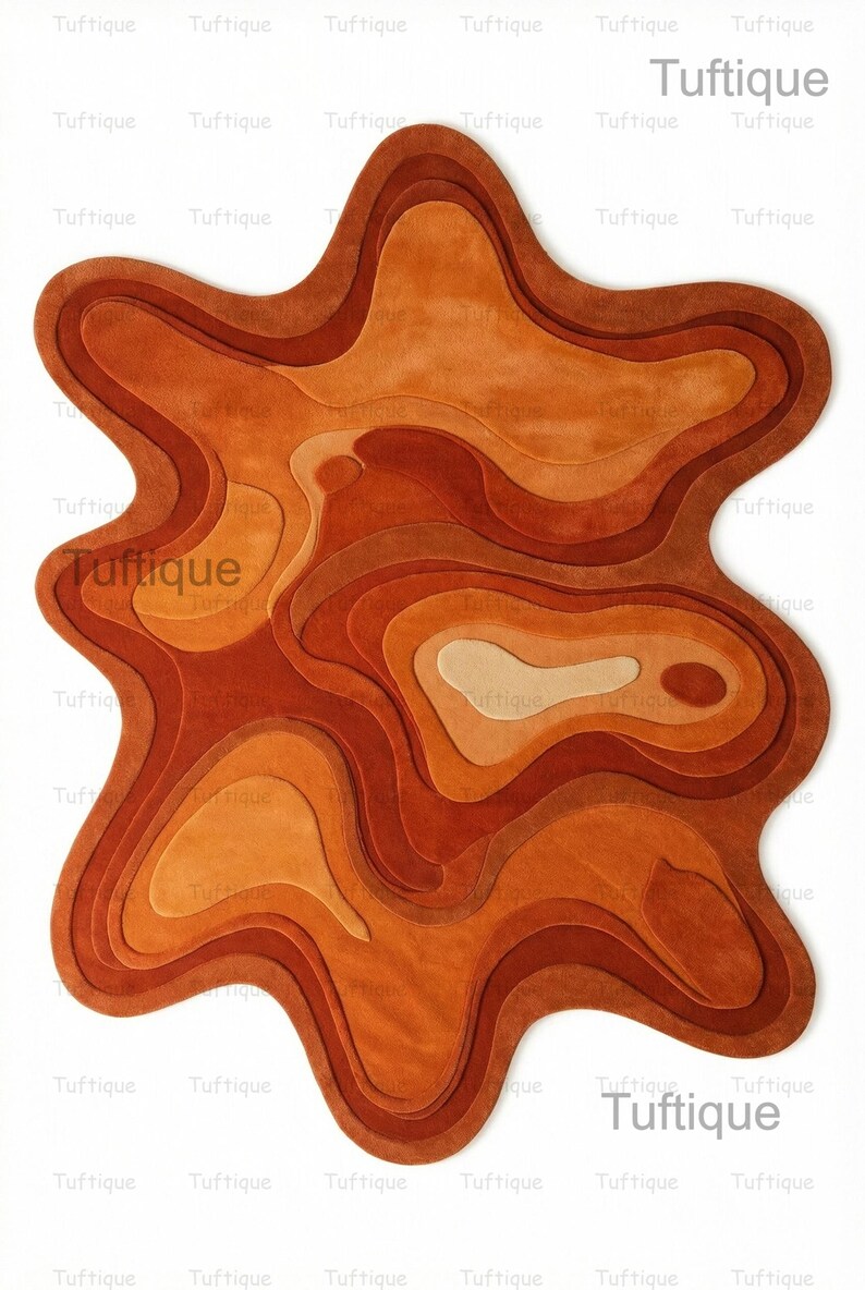 Hand-Tufted Wool Area Rug: Orange Abstract, Irregular Shape, 8x10 image 2