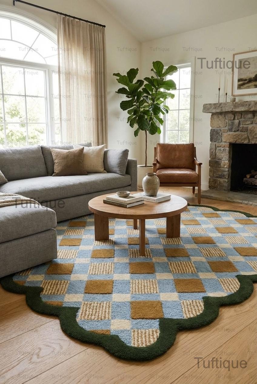 Matilda Goad Rug Scallop Blue & Green Tufted Rug, Matilda Goad Plaid Gold With Light Sky ...