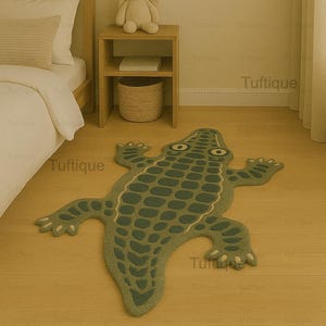 Hand Tufted Crocodile Rug for Kids Room – Irregular Animal Shaped Play Mat – Green Nursery Decor – Custom Wool Rug – Fun Jungle Carpet
