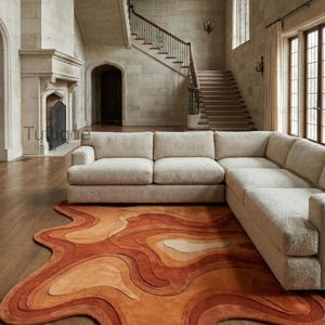 Hand-Tufted Wool Area Rug: Orange Abstract, Irregular Shape, 8x10 image 3