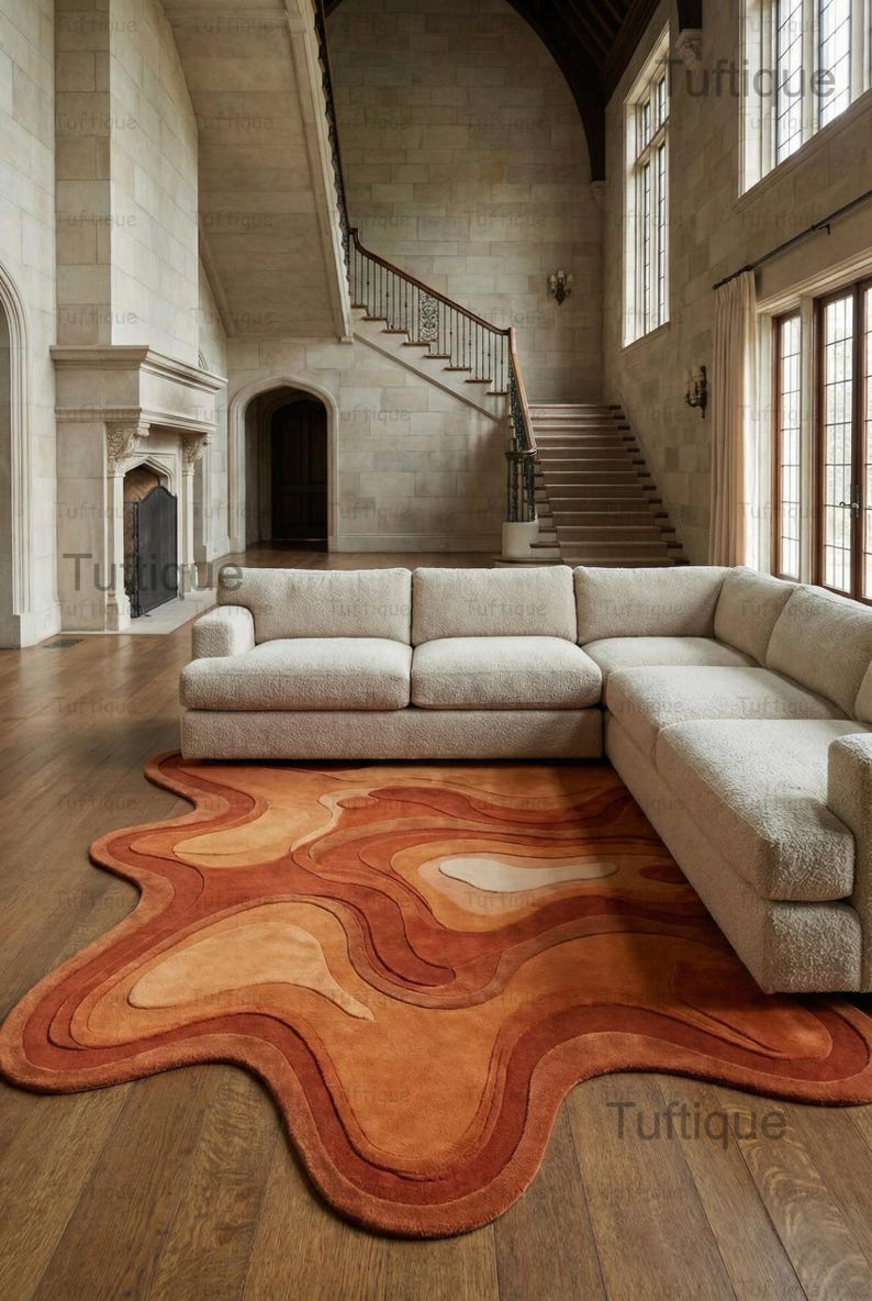 Hand-Tufted Wool Area Rug: Orange Abstract, Irregular Shape, 8x10 image 3