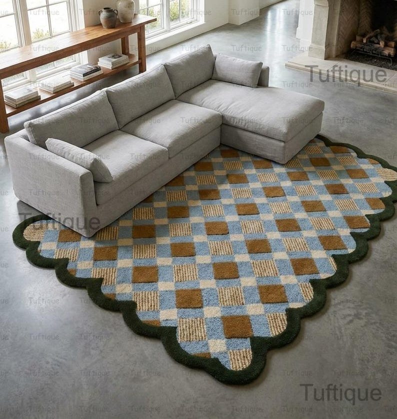 Matilda Goad Rug Scallop Blue & Green Tufted Rug, Matilda Goad Plaid Gold With Light Sky ...
