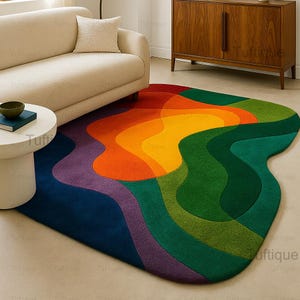 Colorful Abstract Rug - Hand Tufted Modern Rainbow Area Rug | Wavy Multicolor Floor Art for Living Room | Funky Statement Decor 4x5 5x6
