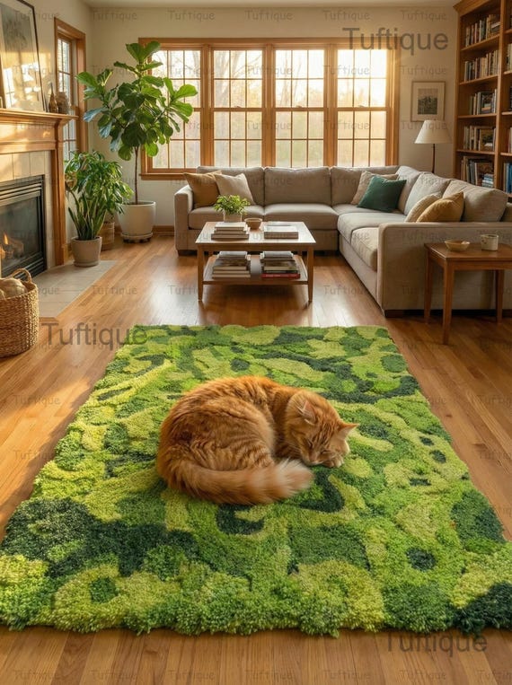 Green Moss Rug: Handmade Tufted Wool, Biophilic Decor