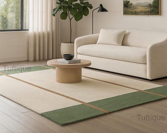 Hand Tufted Wool Area Rug – Cream with Green Border | Modern Minimalist Large Carpet | Living Room Decor | Neutral Handmade Rug 8x10 9x12