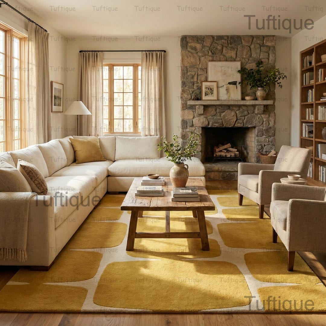 Hand Tufted Yellow Wool Rug – Retro Geometric, Mid-century Modern - Etsy