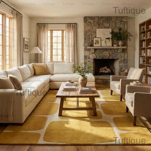 Alfombra amarilla de lana tejida a mano – Diseño geométrico retro, estilo moderno de mediados de siglo