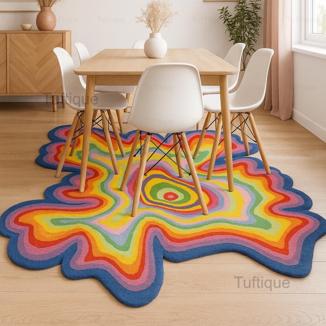 Hand-tufted Wool Rainbow Rug | Irregular Psychedelic Carpet - Etsy