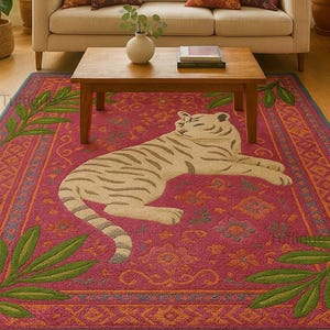 Hand Tufted White Tiger Rug – Boho Jungle Animal Rug – Colorful Tiger Carpet – Bold Statement Wool Rug – Eclectic Home Decor