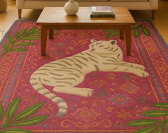 Hand-Tufted Wool Bengal Tiger Rug: Pink Animal Print Carpet