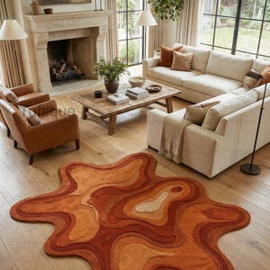 Hand-Tufted Wool Area Rug: Orange Abstract, Irregular Shape, 8x10 image 5