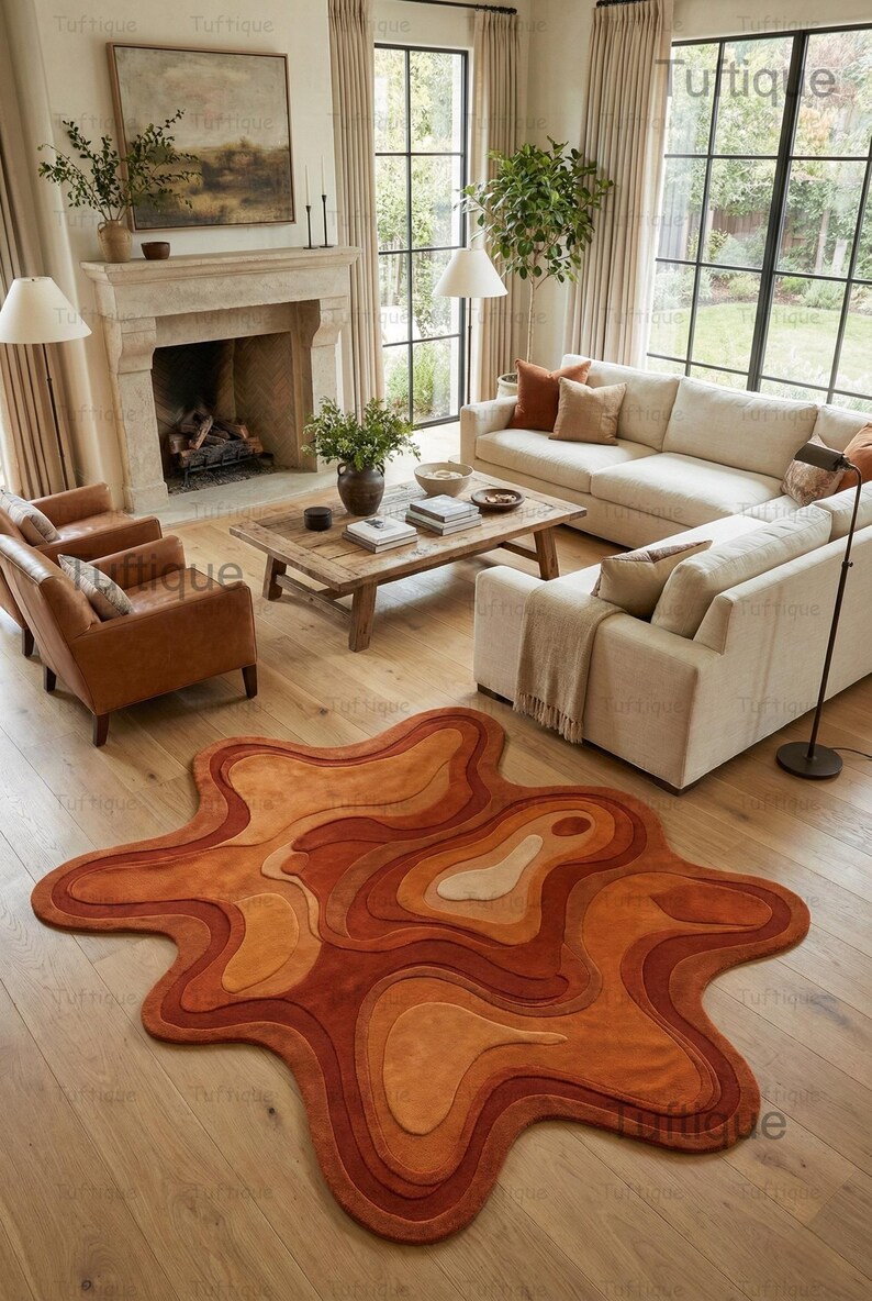 Hand-Tufted Wool Area Rug: Orange Abstract, Irregular Shape, 8x10 image 5