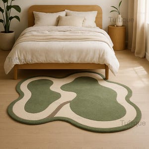 Green Irregular Shaped Rug – Hand Tufted Wool Organic Modern Carpet – Custom Wavy Area Rug for Bedroom, Living Room, Japandi Decor
