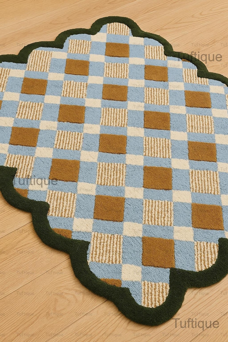 Matilda Goad Rug Scallop Blue & Green Tufted Rug, Matilda Goad Plaid Gold With Light Sky ...