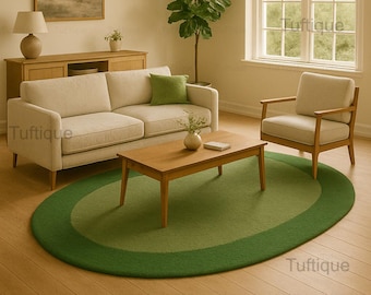 Hand-Tufted Green Wool Rug – Modern Irregular Oval Carpet