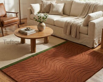 Hand-Tufted Wool Rug, Rust & Beige Modern Lines, Custom Size