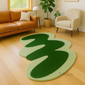 Green Irregular Shaped Rug - Hand Tufted Abstract Wool Area Carpet - Modern Wavy Organic Rug for Living Room, Bedroom or Office Decor