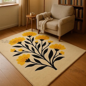 Hand Tufted Floral Rug | Yellow Flower Wool Carpet | Beige Botanical Area Rug | Modern Bloom Design | Custom Handmade Tufted Rug 5x8 8x10