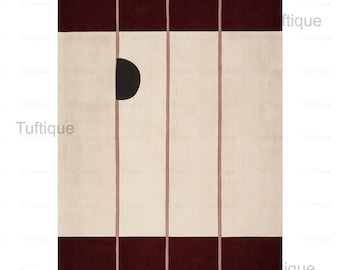 Hand Tufted Wool Area Rug – Cream with Maroon Border | Modern Minimalist Large Carpet | Living Room Decor | Neutral Handmade Rug 8x10 9x12