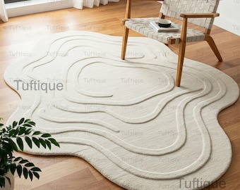 Hand-Tufted Irregular Wool Rug, Modern White Tone, High-Low Pile