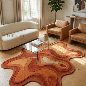 Hand-Tufted Wool Area Rug: Orange Abstract, Irregular Shape, 8x10 image 4