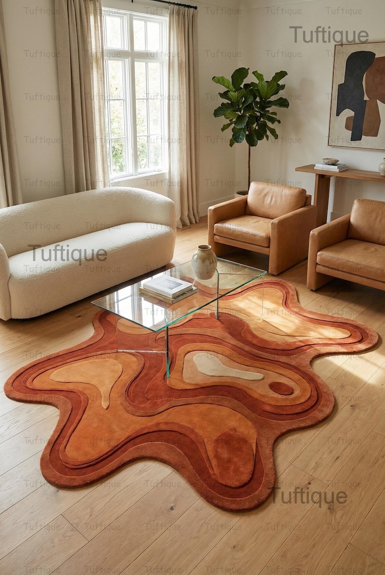 Hand-Tufted Wool Area Rug: Orange Abstract, Irregular Shape, 8x10 image 4