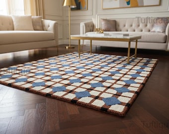 Geometric Tufted Rug, Modern Blue and Beige Area Rug, Living Room Carpet