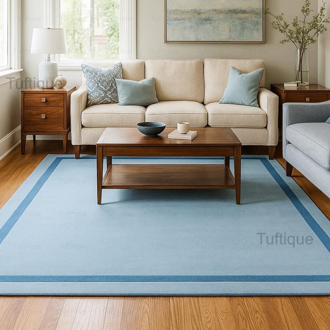 Hand Tufted Blue Wool Area Rug – Modern Minimalist Bordered Carpet - Etsy