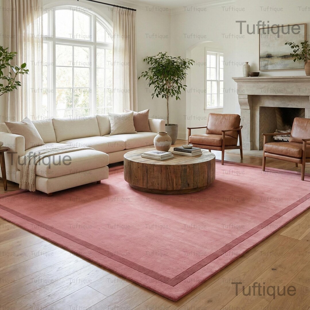 Hand-tufted Pink Wool Area Rug – Modern Bordered Carpet - Etsy