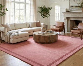 Hand-Tufted Pink Wool Area Rug – Modern Bordered Carpet