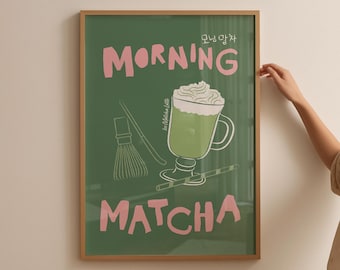 Morning Matcha Latte Illustration Print, Minimalist Kitchen Decor (Digital Download)
