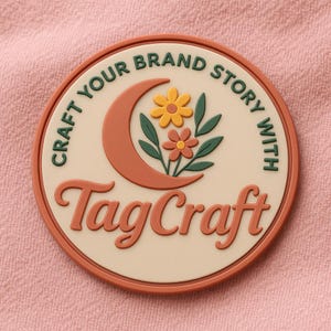 May include: Circular sticker with a brown border and the text "Craft Your Brand Story With". The sticker features a brown crescent moon, yellow and orange flowers, and the word "TagCraft" in a script font.