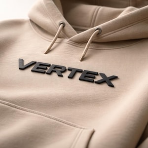 Könnte beinhalten: Ein beigefarbener Kapuzenpullover mit Kapuze mit Kordelzug und Vordertasche. Das Wort "VERTEX" ist in fetten, schwarzen Buchstaben auf der Brust abgebildet. Der Kapuzenpullover ist aus einem weichen, bequemen Material.